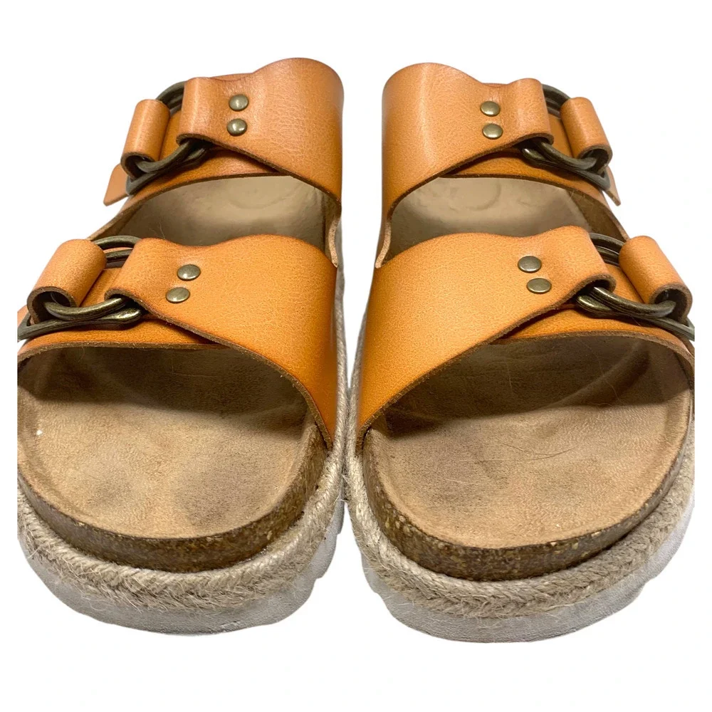Time & Tru Sz 11 Brown Vegan Leather Chunky Lug Sole Buckle Slide Sandals